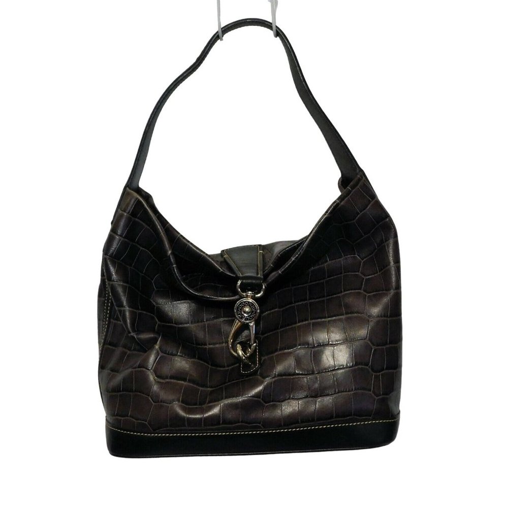 Dooney & Bourke Hobo Purse Key Fob Cosmetics Bag Brown Taupe Moc Croc Leather - Picture 2 of 12